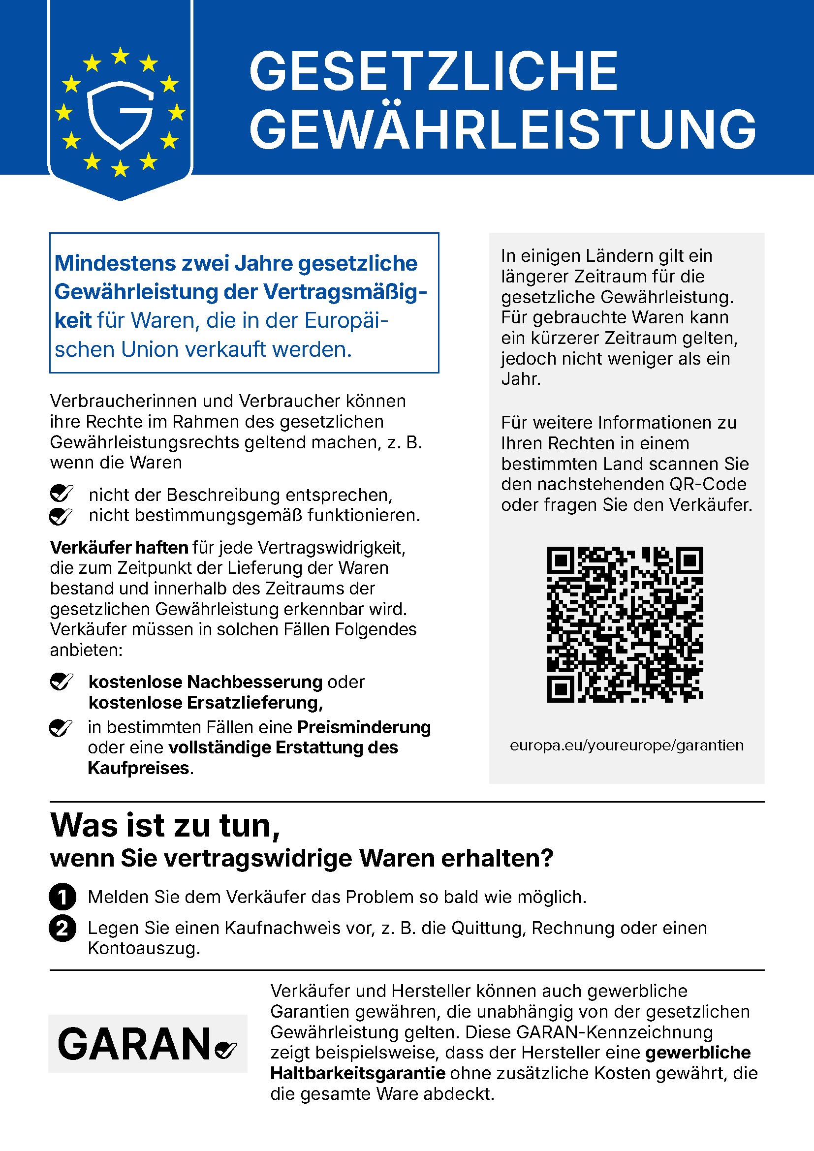 Amtliches Hinweis- und Kennzeichnungssystem der EU für Gewährleistungsrechte beim Kauf von Waren